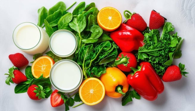 An image of a variety of healthy foods like dairy products, leafy greens, citrus fruits, strawberries, and bell peppers