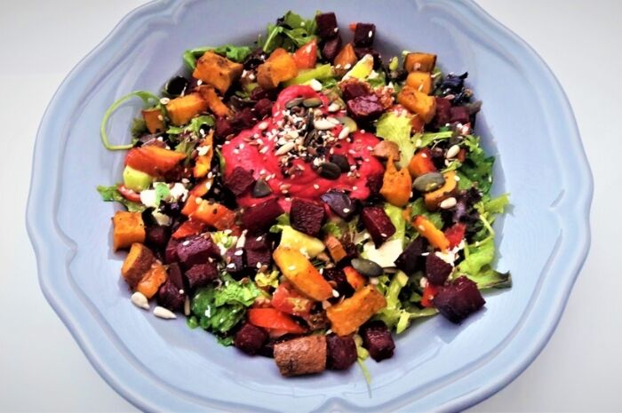 Summer Rainbow Salad with Beets Sweet Potato & Hummus