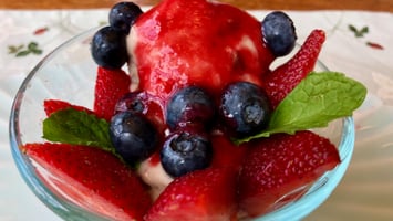 Ryder's banana ice cream and raspberry sauce and fresh fruit