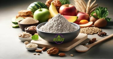 Display of natural dietary fiber sources, featuring a central bowl of fine fiber powder surrounded by whole foods including apples, kiwis, nuts, whole grains, and legumes.