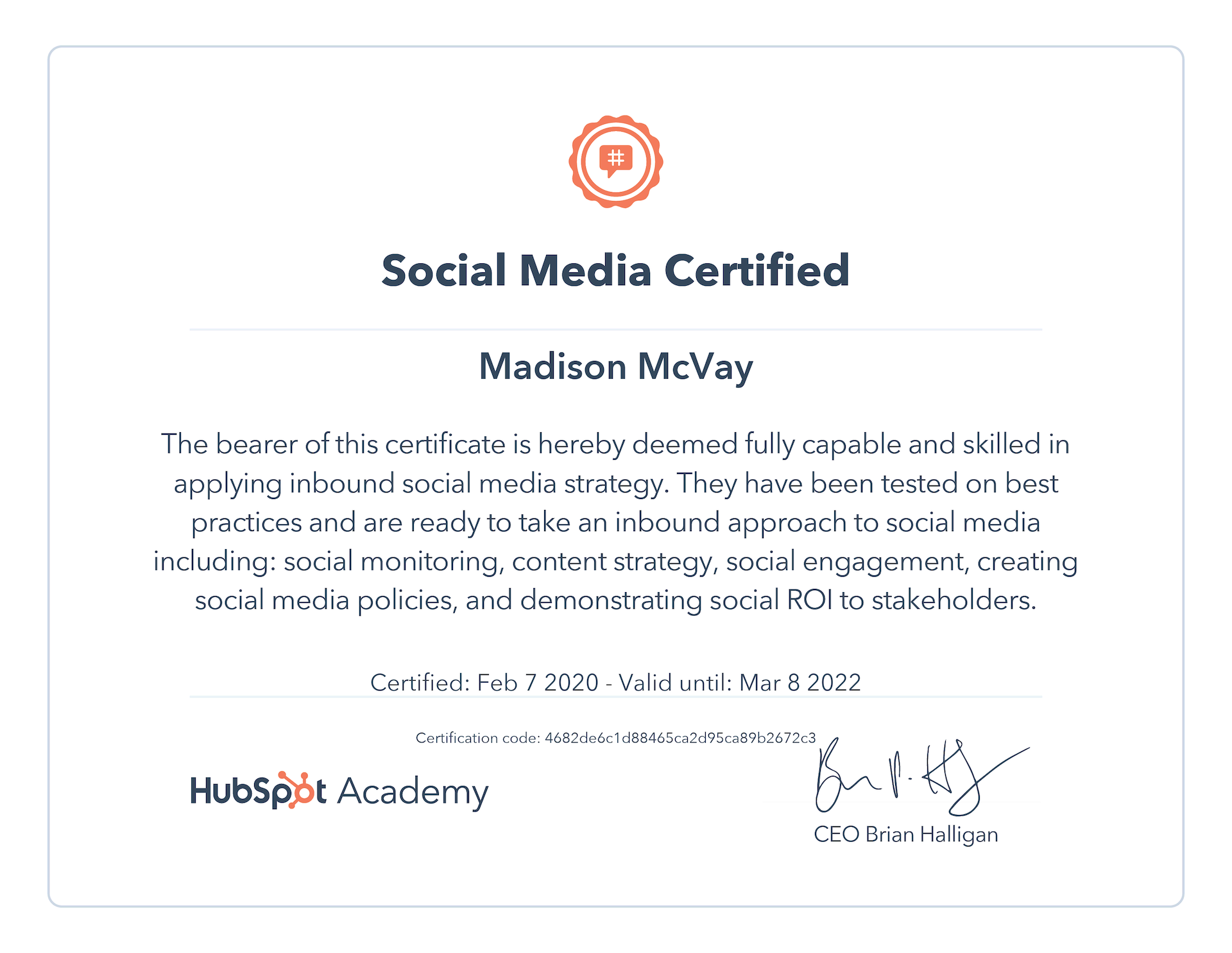 Madison McVay Social Media Strategy Certificate