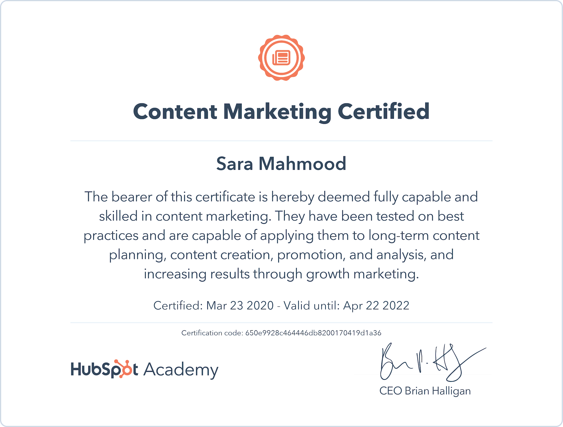 Sara Mahmood Content Marketing Certification HubSpot
