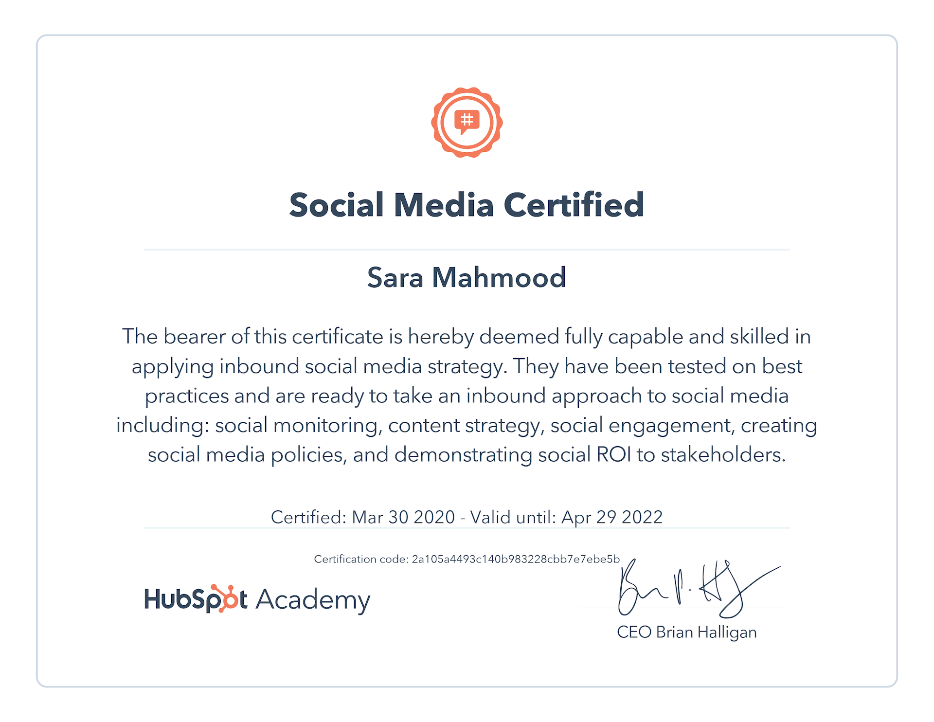 Sara Mahmood Social Media Certification HubSpot